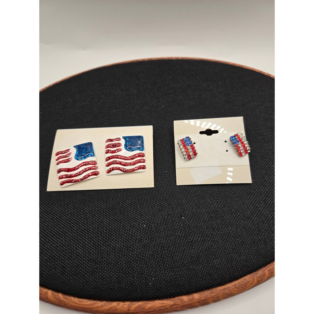 American Flag Earring Set 2 Pairs Glitter Enamel Rhinestone Patriotic Studs